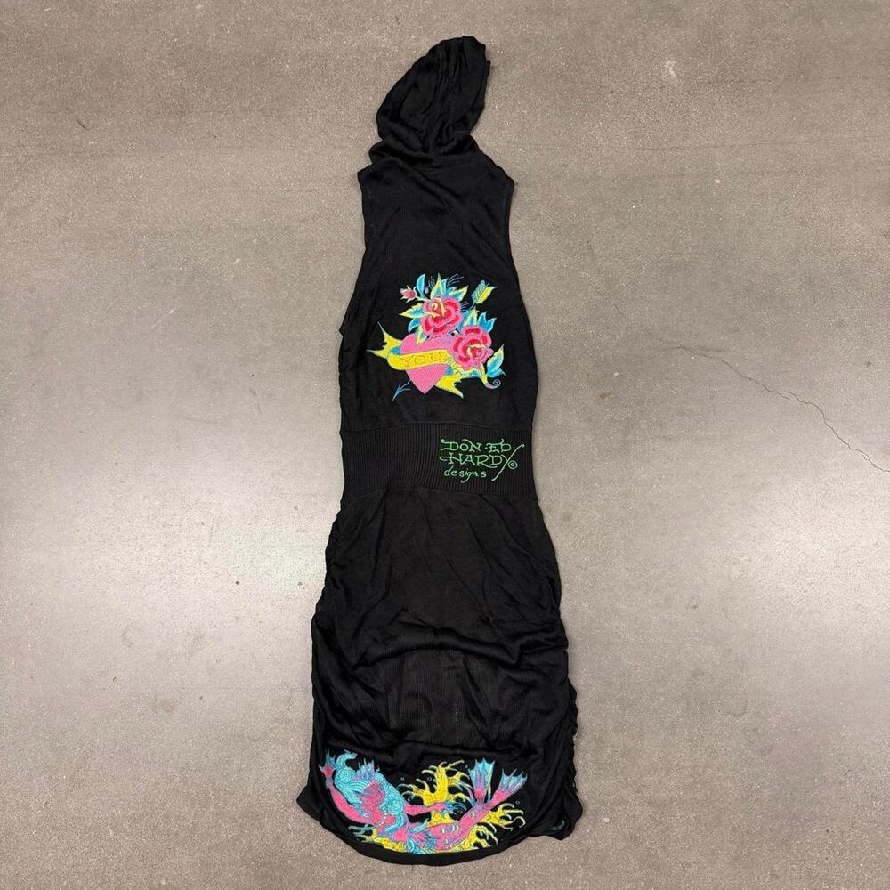 Ed Hardy Christian Audigier Hooded Dress Womens XS Y2K Dragon Embroidered